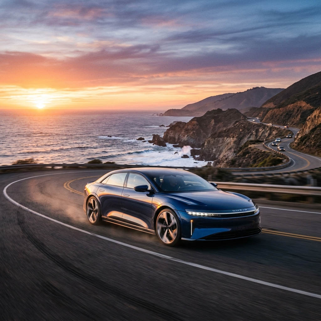 Coche eléctrico futurista en carretera costera al atardecer